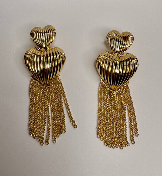 Heart fringe double heart shape stud dangling chain earring