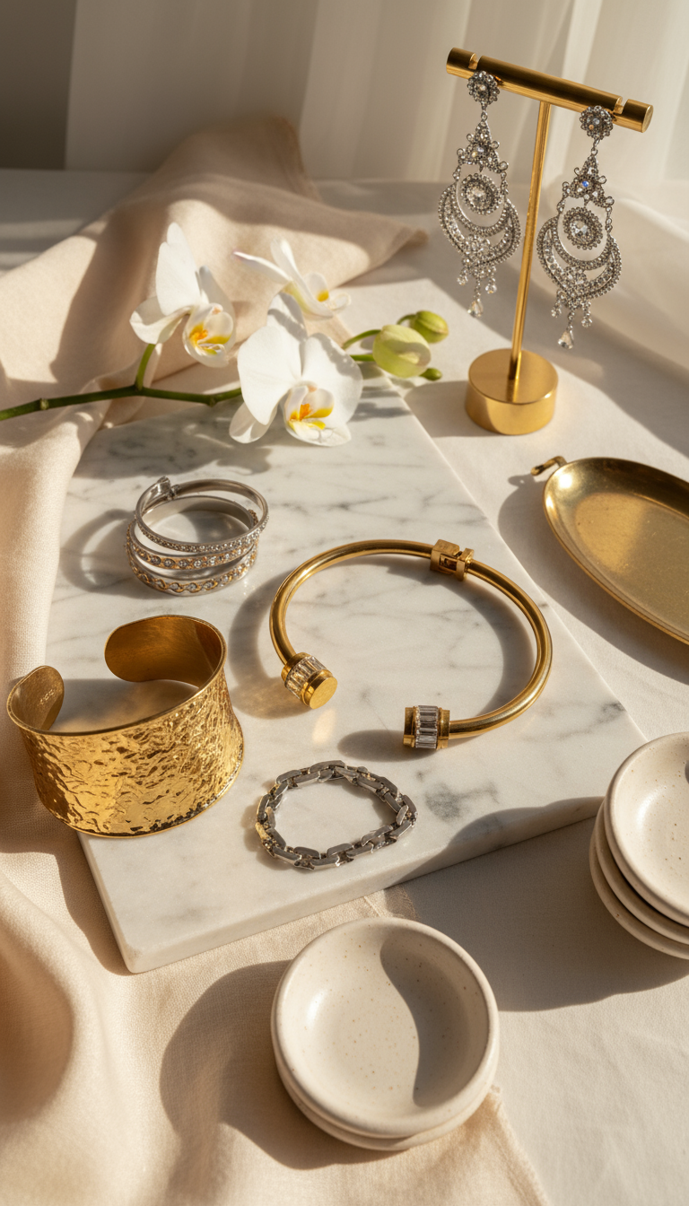 Editorial lifestyle composition featuring Seducente Pieces jewelry